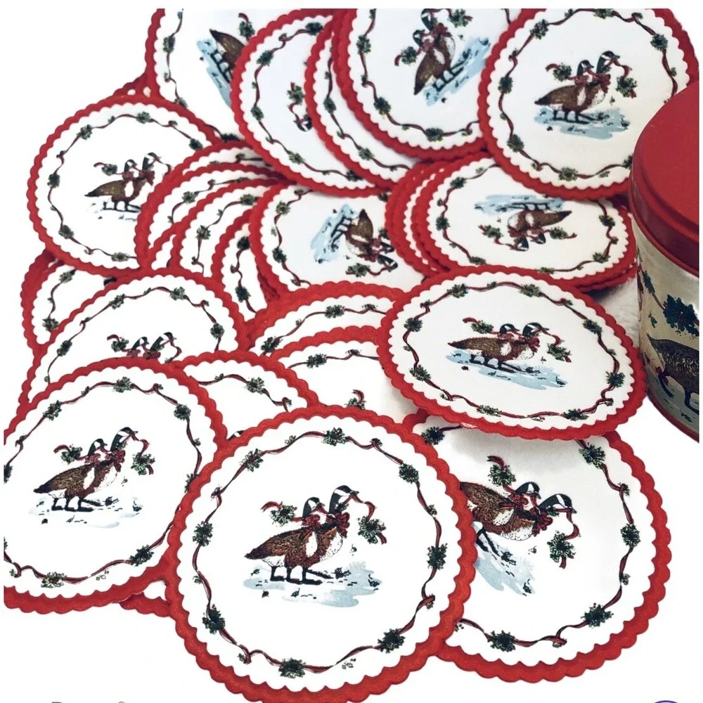 VTG Christmas Geese Waxed Back Coasters w/Collectible Tin 3.25